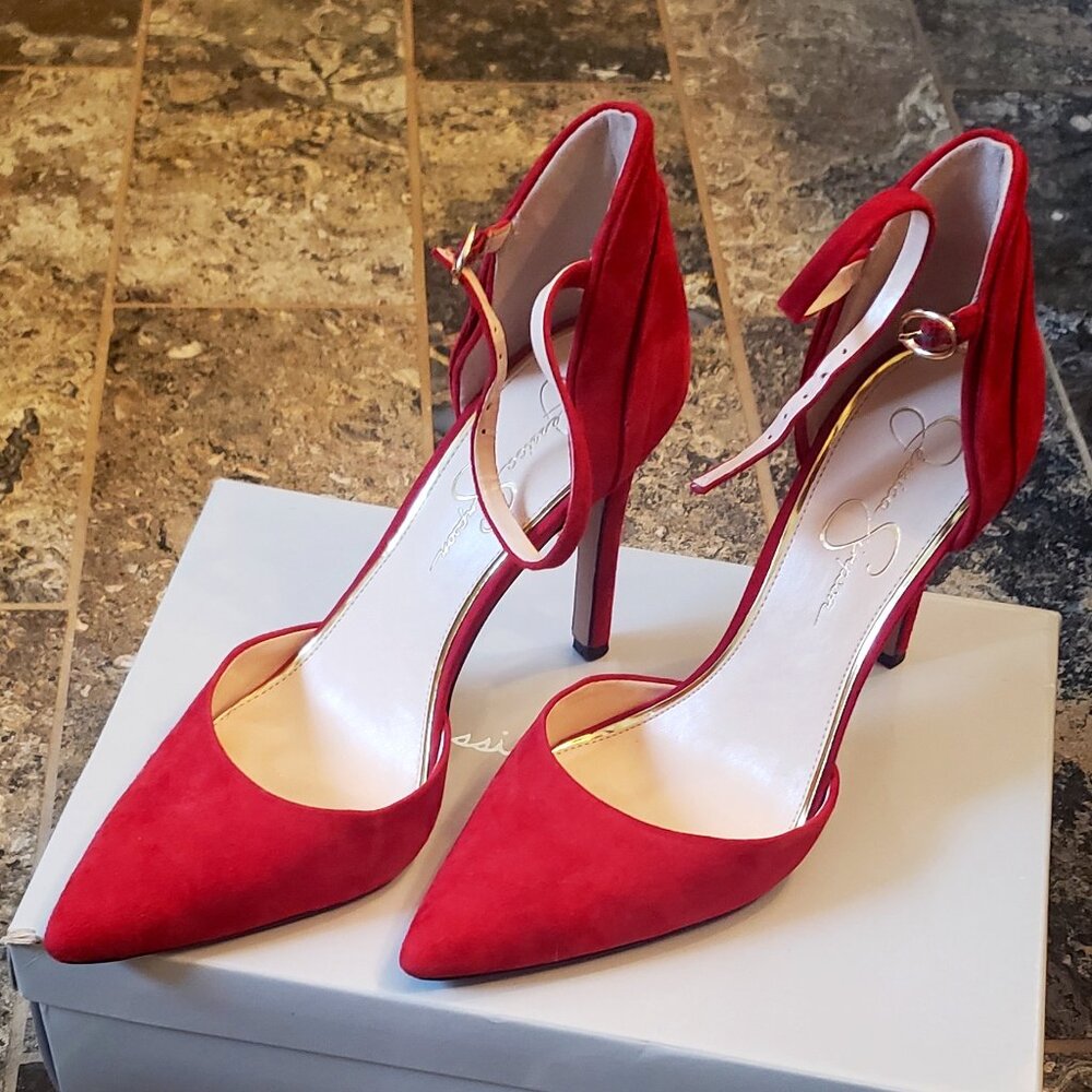Jessica Simpson Carlette Heels in Chili Pepper Red Lux Kid Suede, Size 10